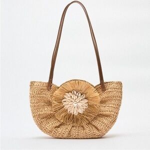 Zara Natural Straw Shoulder Bag with Brown Handles and Shell Flower